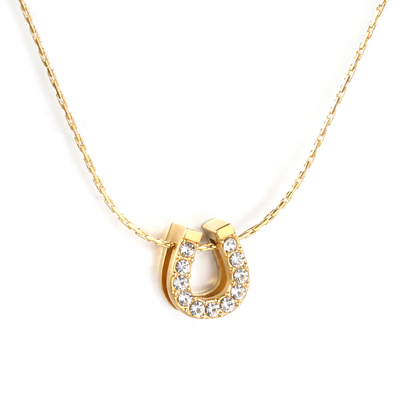 Tresoli Stainless Steel Gold Color PVD U Shaped Hollow Diamond Pendant With Cross Hammer Round Chain Necklace