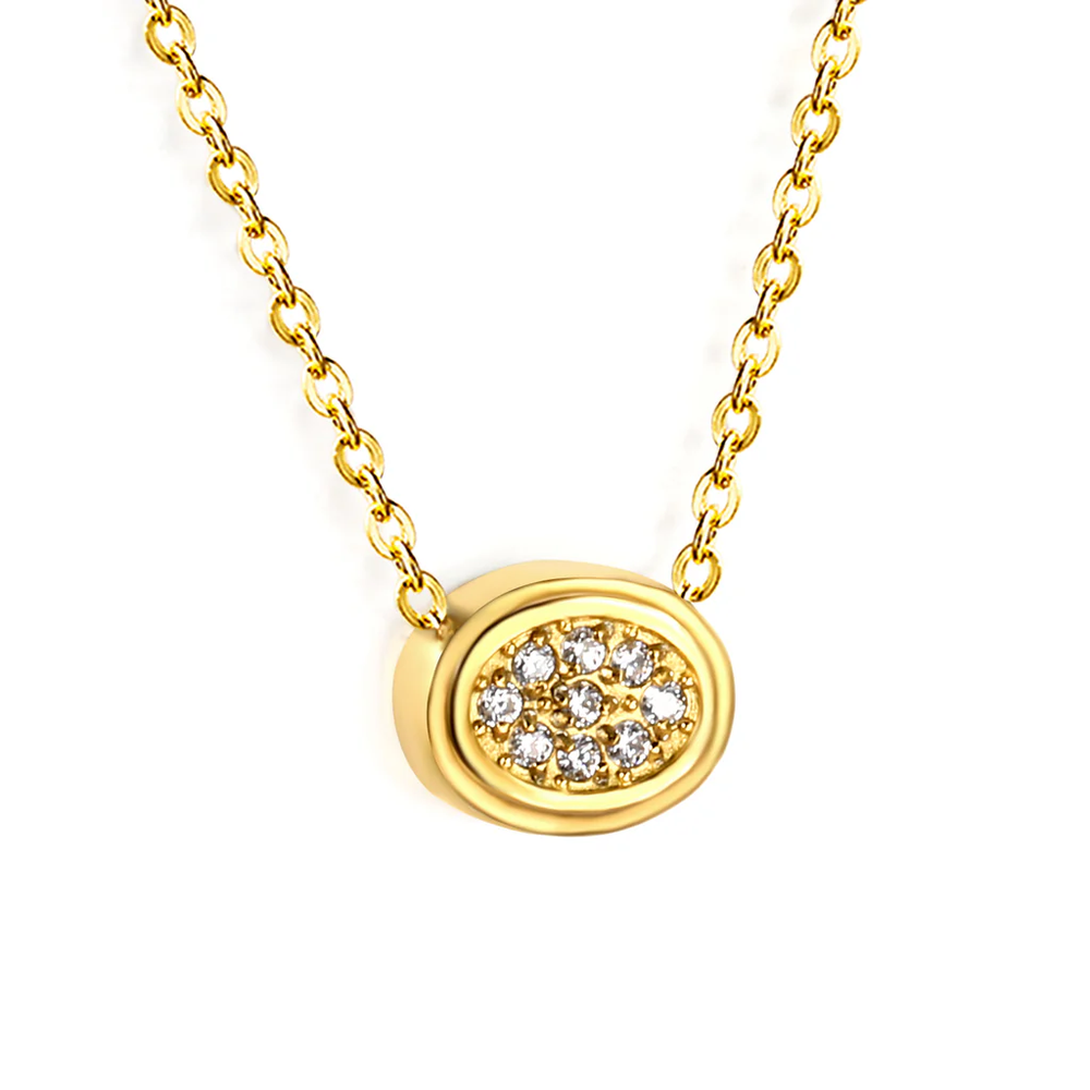 Stainless Steel Gold Color PVD Beveled Oval CNC White Zirconia Pendant 0.3mm Cross Chain Necklace