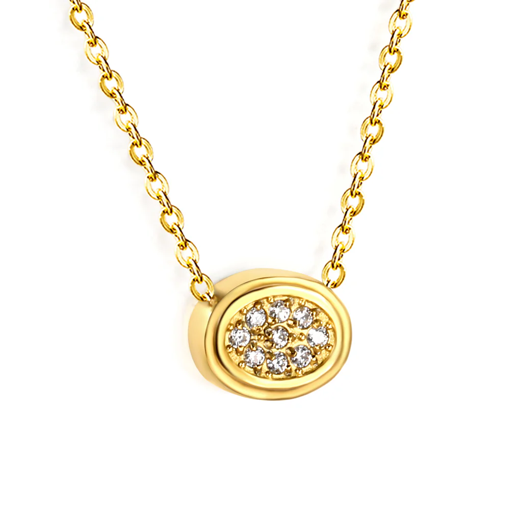 Tresoli Stainless Steel Gold Color PVD Beveled Oval CNC White Zirconia Pendant 0.3mm Cross Chain Necklace