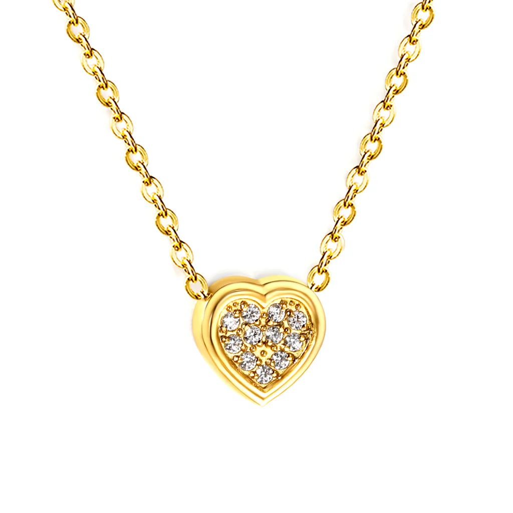 Tresoli Stainless Steel Gold Color PVD Convex Heart CNC Zirconia Pendant 0.3mm Cross Chain Necklace