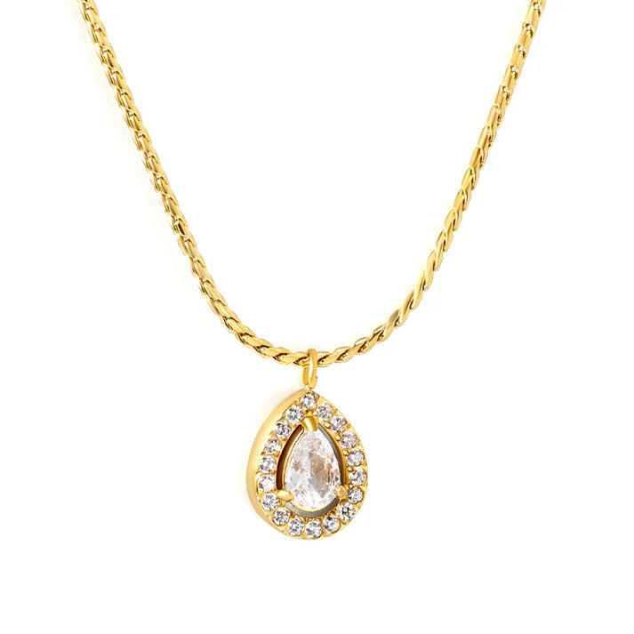 Stainless Steel Gold Color PVD Teardrop CNC White Zirconium Circle Pendant Round Plate Necklace