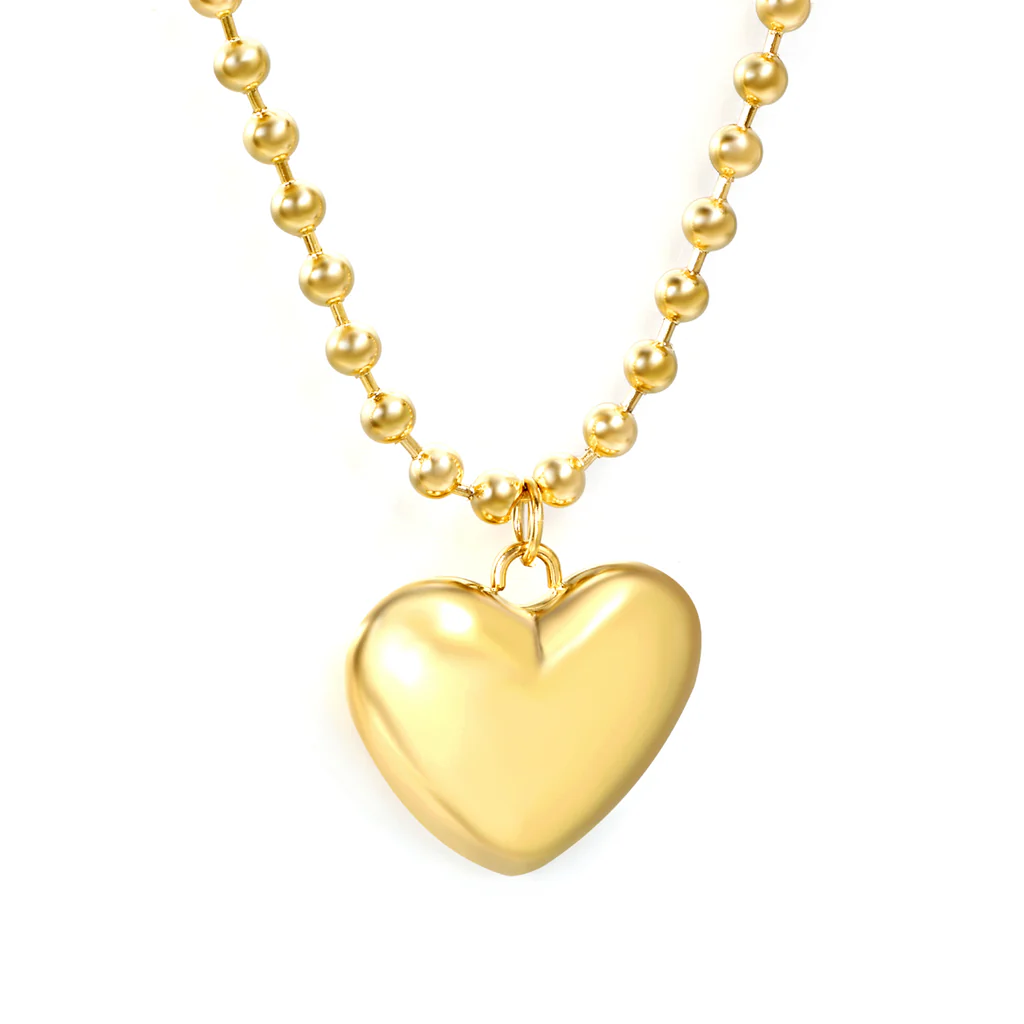 Tresoli Stainless Steel Gold Color PVD Round Plague Hollow Heart Pendant Necklace With 4.0 Wave Bead Chain