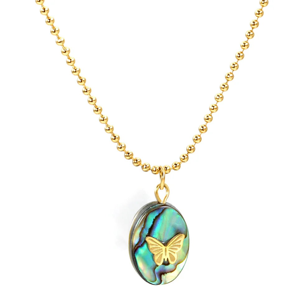 Tresoli Stainless Steel Gold Color PVD Oval Abalone Shell With Butterfly Pendant Necklace