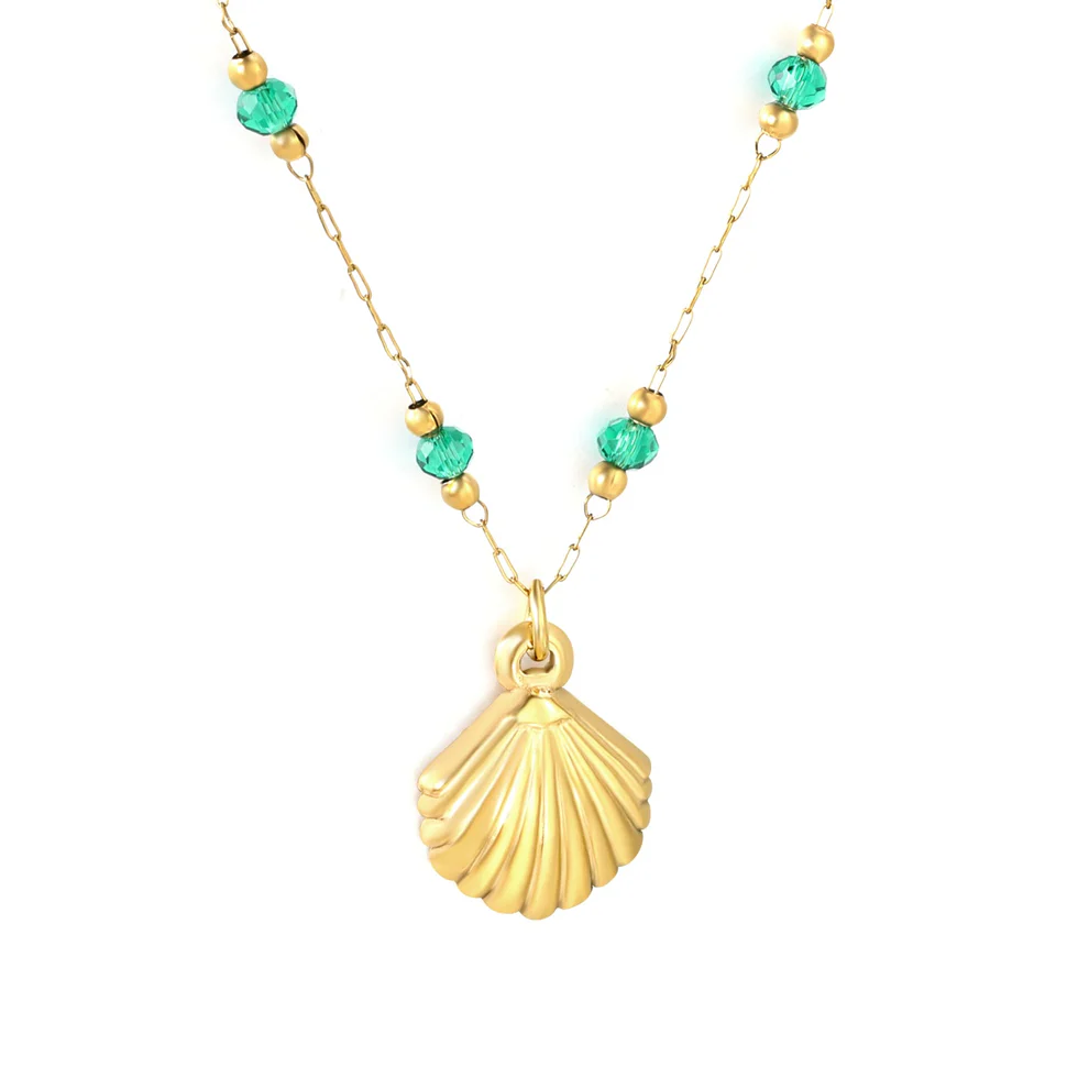 Stainless Steel Gold Color PVD Green And Gold Beads Shell Pendant Elongated Chain Necklace