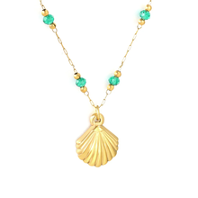 Load image into Gallery viewer, Tresoli Stainless Steel Gold Color PVD Green And Gold Beads Shell Pendant Elongated Chain Necklace