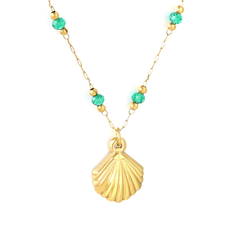 Tresoli Stainless Steel Gold Color PVD Green And Gold Beads Shell Pendant Elongated Chain Necklace