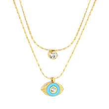 Load image into Gallery viewer, Tresoli Stainless Steel Gold Color PVD Horizontal Eye Drop Light Blue Oil Stick White Diamond With Round Pendant Necklace