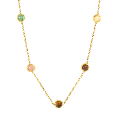Stainless Steel Gold Color PVD Round Coloful Cats Eye Stone Cross Chain Round Tag Necklace