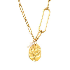 Stainless Steel Gold Color PVD Oval Plaque Freshwater Pearl Pendant Round Plaque Necklace