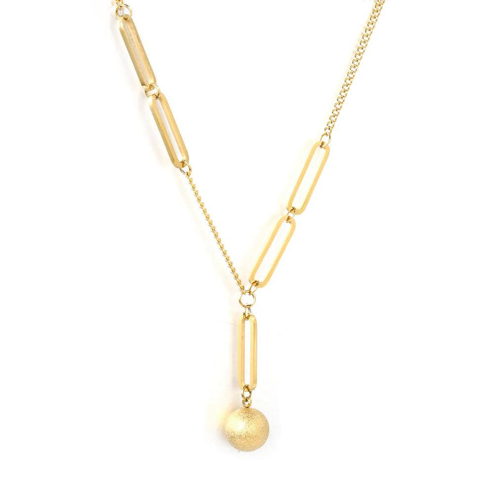 Stainless Steel Gold Color PVD Paperclip Chain With Sand Bead Pendant Necklace