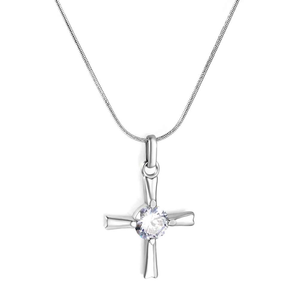 Tresoli Stainless Steel Color PVD Cross White Zirconia Round Snake Chain Necklace