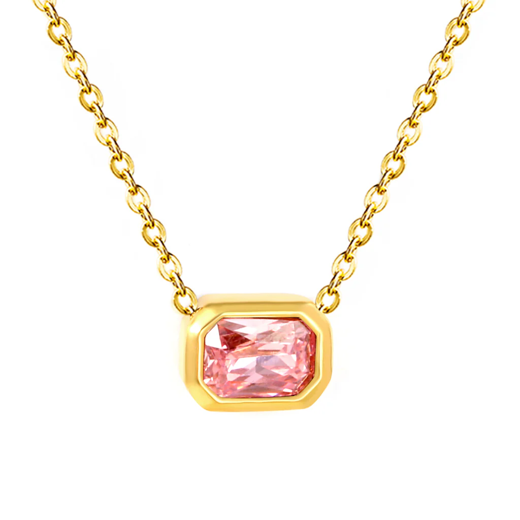 Tresoli Stainless Steel Gold Color PVD Pink Zirconia Cross Chain Round Pendant Necklace