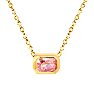 Tresoli Stainless Steel Gold Color PVD Pink Zirconia Cross Chain Round Pendant Necklace