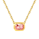 Tresoli Stainless Steel Gold Color PVD Pink Zirconia Cross Chain Round Pendant Necklace