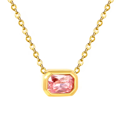 Tresoli Stainless Steel Gold Color PVD Pink Zirconia Cross Chain Round Pendant Necklace