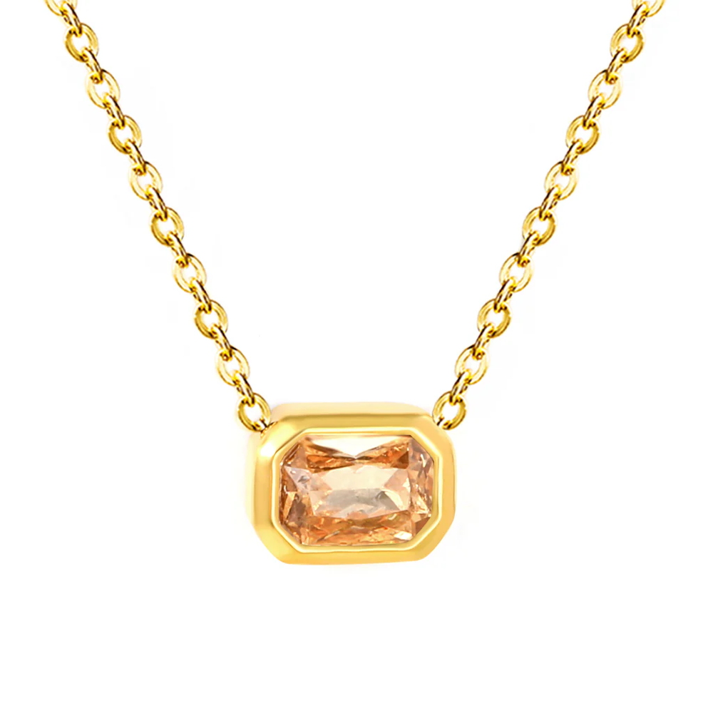 Stainless Steel Gold Color PVD Champagne Zirconia Cross Chain Round Pendant Necklace