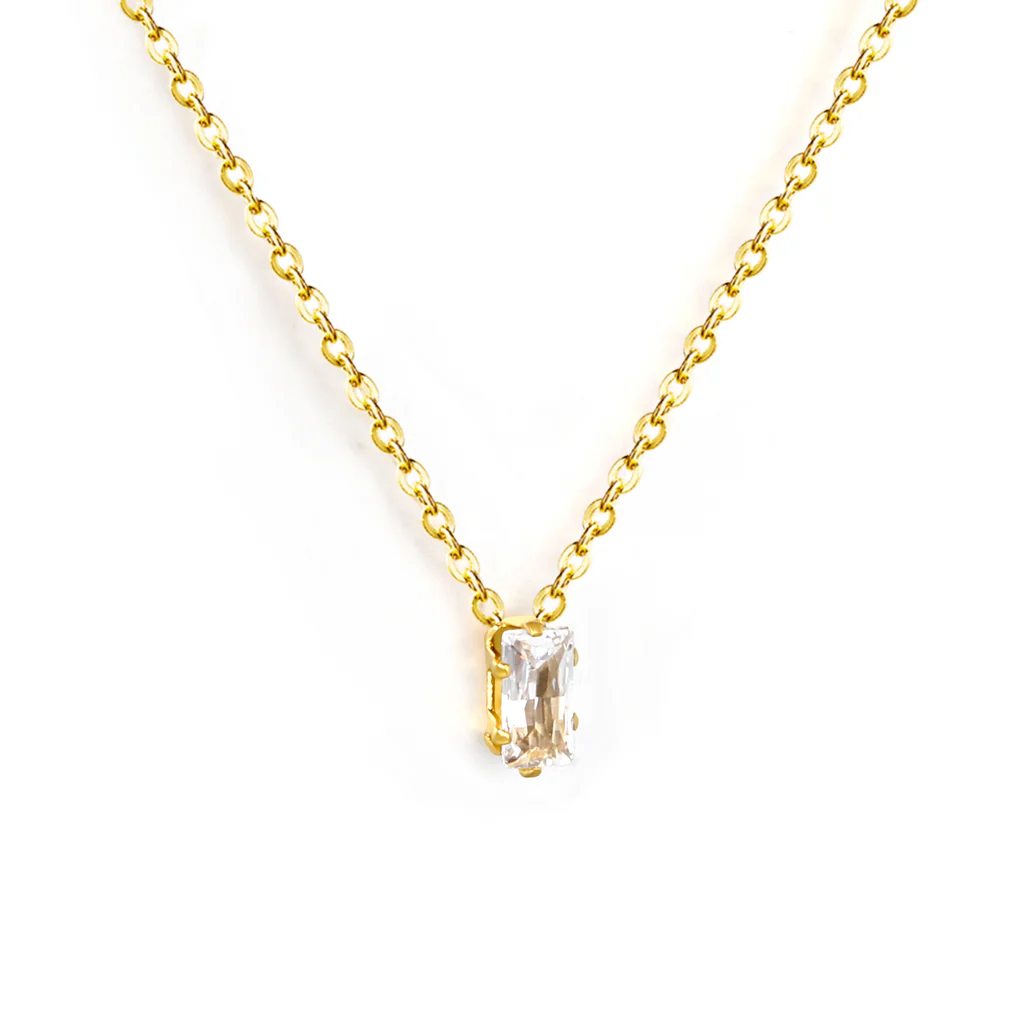 Tresoli Stainless Steel Gold Color PVD Square White Zirconia Pendant Cross Chain Round Tail Plague Necklace