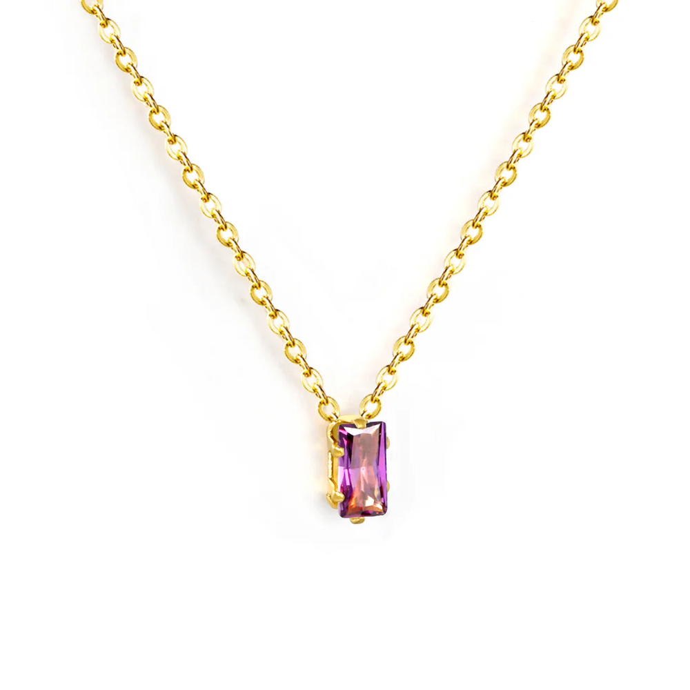 Stainless Steel Gold Color PVD Square Purple Zirconia Pendant Cross Chain Round Tail Plague Necklace