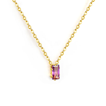 Load image into Gallery viewer, Tresoli Stainless Steel Gold Color PVD Square Purple Zirconia Pendant Cross Chain Round Tail Plague Necklace