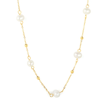 Load image into Gallery viewer, Stelluxe Stainless Steel Gold Color PVD Five Freshwater Pearls 0.35mm Cross Bead Chain Necklace