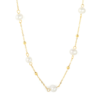 Tresoli Stainless Steel Gold Color PVD Five Freshwater Pearls 0.35mm Cross Bead Chain Necklace