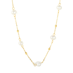 Tresoli Stainless Steel Gold Color PVD Five Freshwater Pearls 0.35mm Cross Bead Chain Necklace