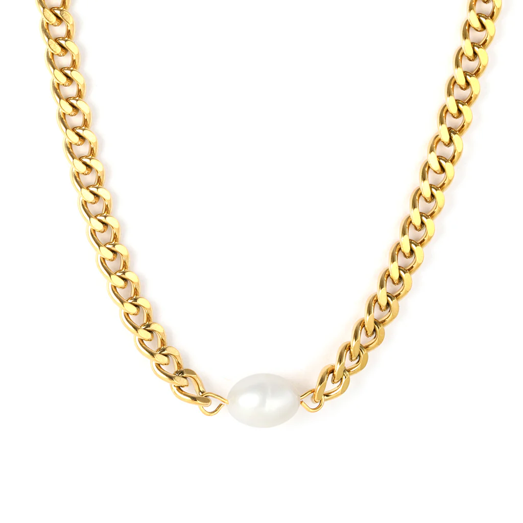 Tresoli Stainless Steel Gold Color PVD Freshwater Pearls Double Sided Polished Single Clasp Chain Pendant Necklace