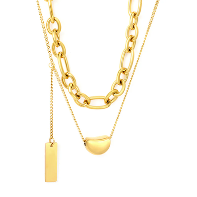 Tresoli Stainless Steel Gold Color PVD Sugar Bean And Rectangular Tag Pendant Double Chain With Round End Tag Necklace