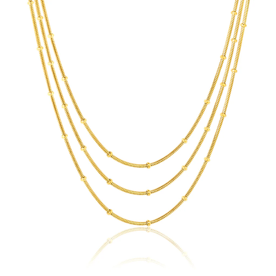 Tresoli Stainless Steel Gold Color PVD Three Lines Round Snake Bead Round Tag Necklace