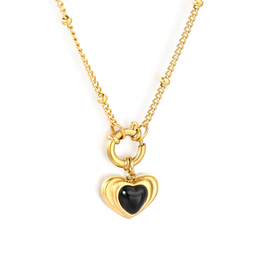 Tresoli Stainless Steel Gold Color PVD Heart Shaped Adhesive Black Agate Side Mounted Bead Chain Necklace