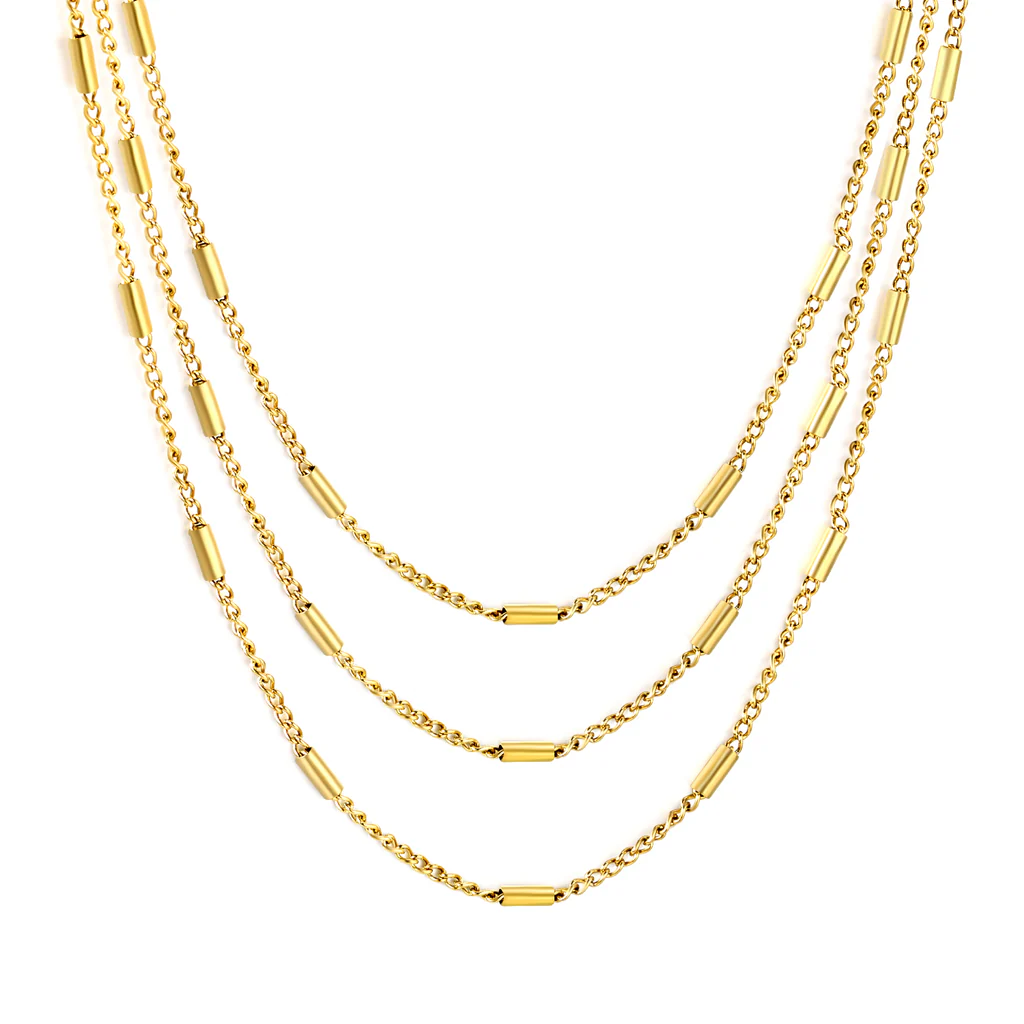 Tresoli Stainless Steel Gold Color PVD Cross Side Wrap Tube Three Layers Chain Round Tail Plague Necklace