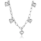 Tresoli Stainless Steel Color PVD 5 Heart Shaped Pendants Long Chain Round Tag Necklace