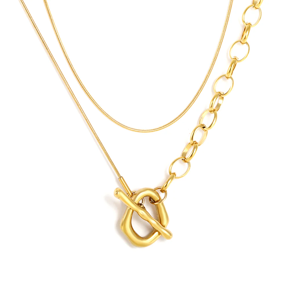 Tresoli Stainless Steel Gold Color PVD Circles Chain Toggle Clasp Pendant Necklace