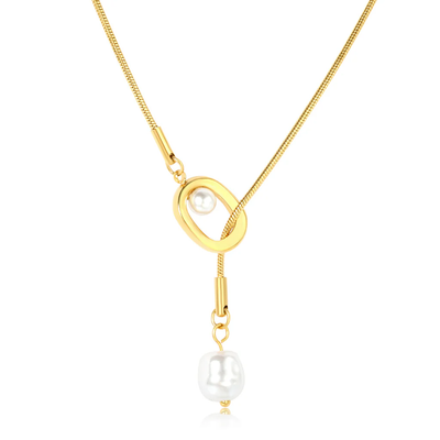 Tresoli Stainless Steel Gold Color PVD Fringe Geometric Openwork Pearl Pendant Round Snake Necklace