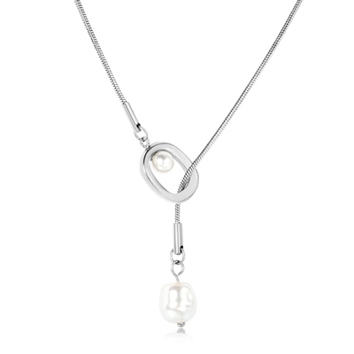 Tresoli Stainless Steel Color PVD Fringe Geometric Openwork Pearl Pendant Round Snake Necklace