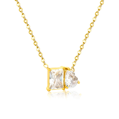 Tresoli Stainless Steel Gold Color PVD Square Teardrop White Zirconia Cross Chain Round Tail Tag Necklace