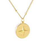 Tresoli Stainless Steel Gold Color PVD Compass Side Pressed Bead Tail Tag Oval Clasp Pendant Necklace