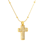Tresoli Stainless Steel Gold Color PVD White Cubic Zirconia Round Bead Cross Hammer Solid Clasp Chain Pendant Necklace