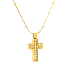 Tresoli Stainless Steel Gold Color PVD White Cubic Zirconia Round Bead Cross Hammer Solid Clasp Chain Pendant Necklace