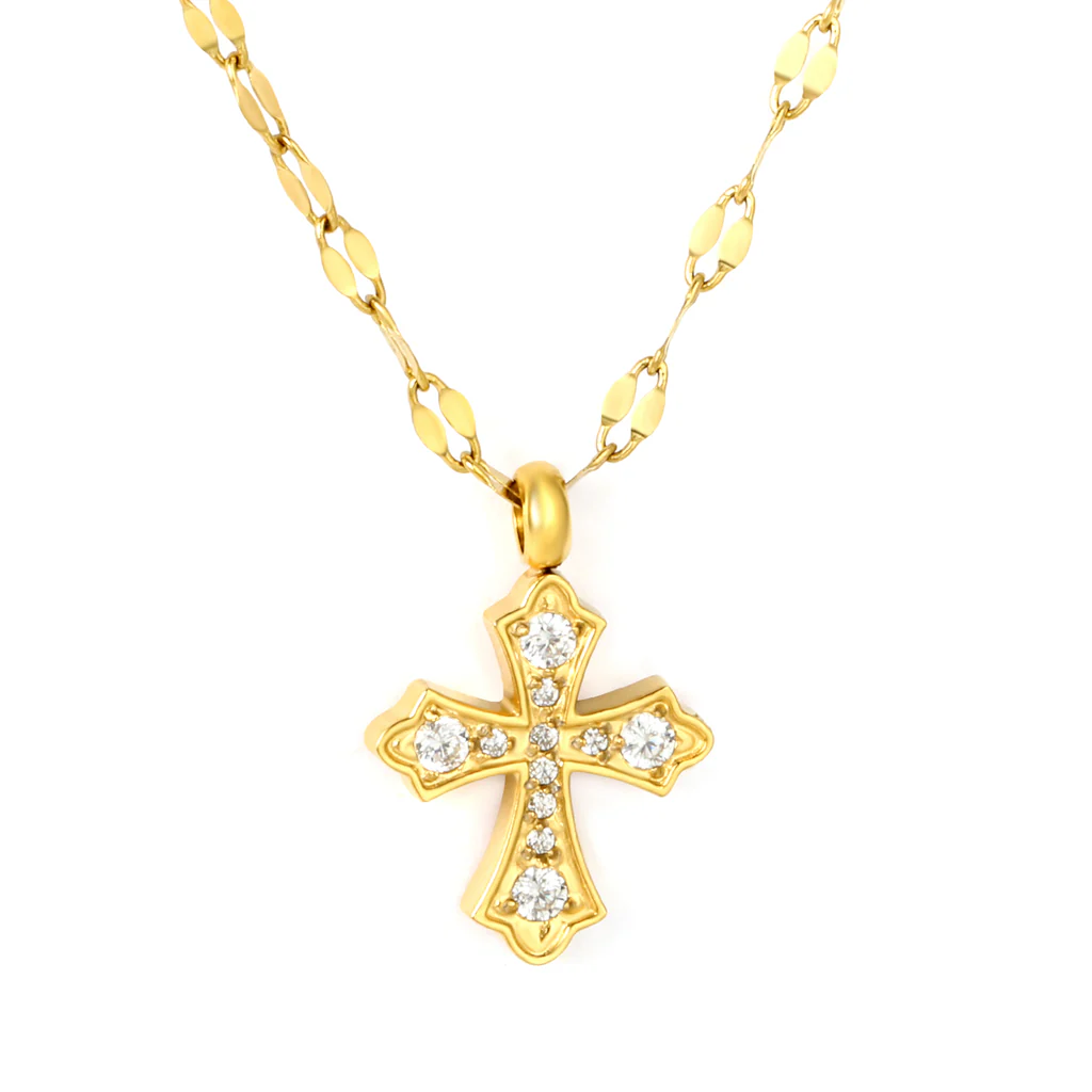 Tresoli Stainless Steel Gold Color PVD White Zirconia Cross Lip Chain Pendant Necklace