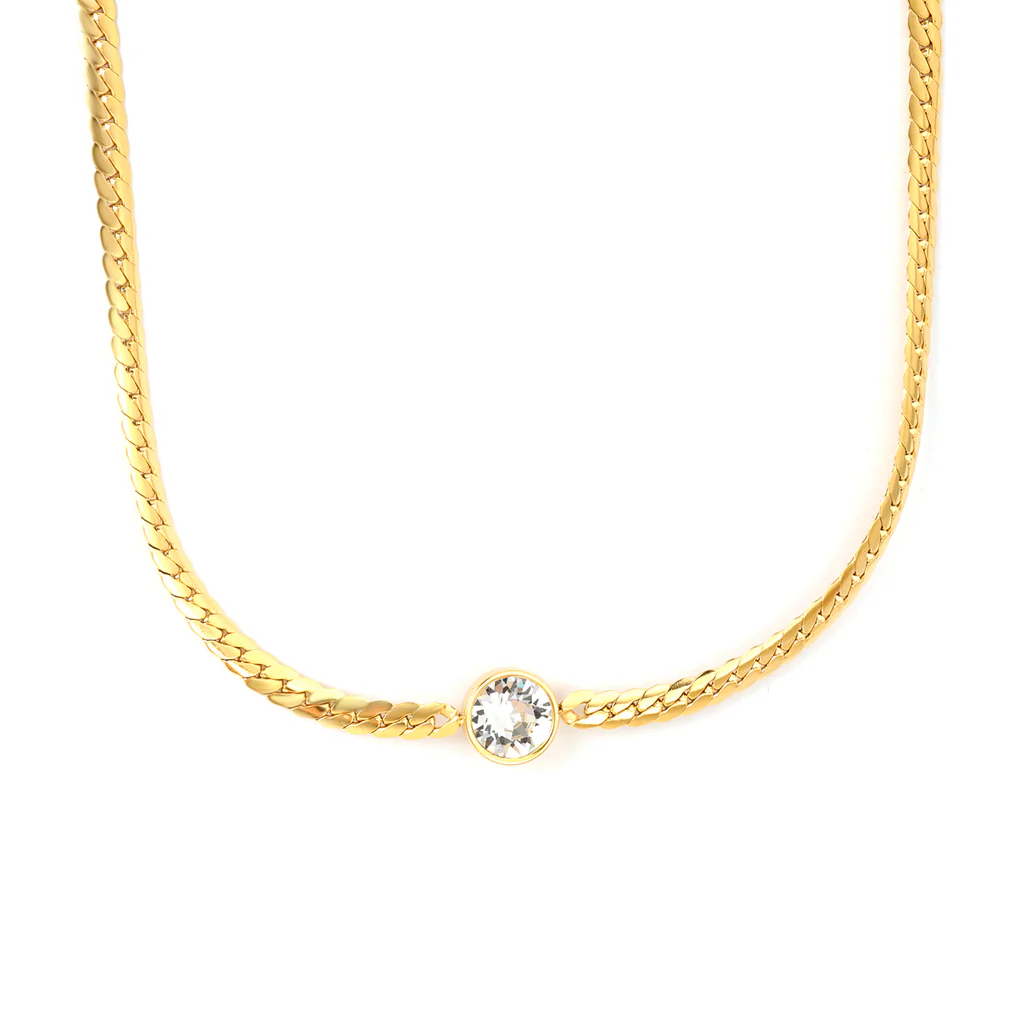 Tresoli Stainless Steel Gold Color PVD Swarovski White Diamond Encrypted Cuban Round Pendant Necklace