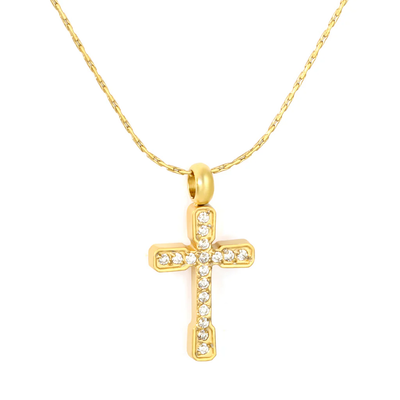 Tresoli Stainless Steel Gold Color PVD White Zirconia Cross Hammer Round Tag Necklace