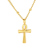 Tresoli Stainless Steel Gold Color PVD Egyptian Cross Side Pressed Bead Chain With Round Tail Tag Necklace