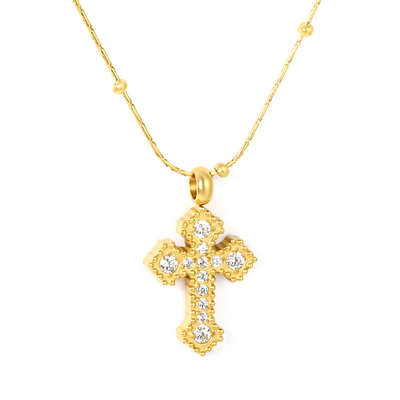 Tresoli Stainless Steel Gold Color PVD White Cubic Zirconia Cross Hammer Solid Bead Chain Round Tag Necklace