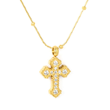 Tresoli Stainless Steel Gold Color PVD White Cubic Zirconia Cross Hammer Solid Bead Chain Round Tag Necklace