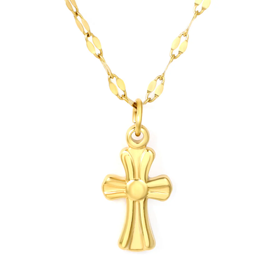 Tresoli Stainless Steel Gold Color PVD Cross Lip Chain Round Tag Necklace