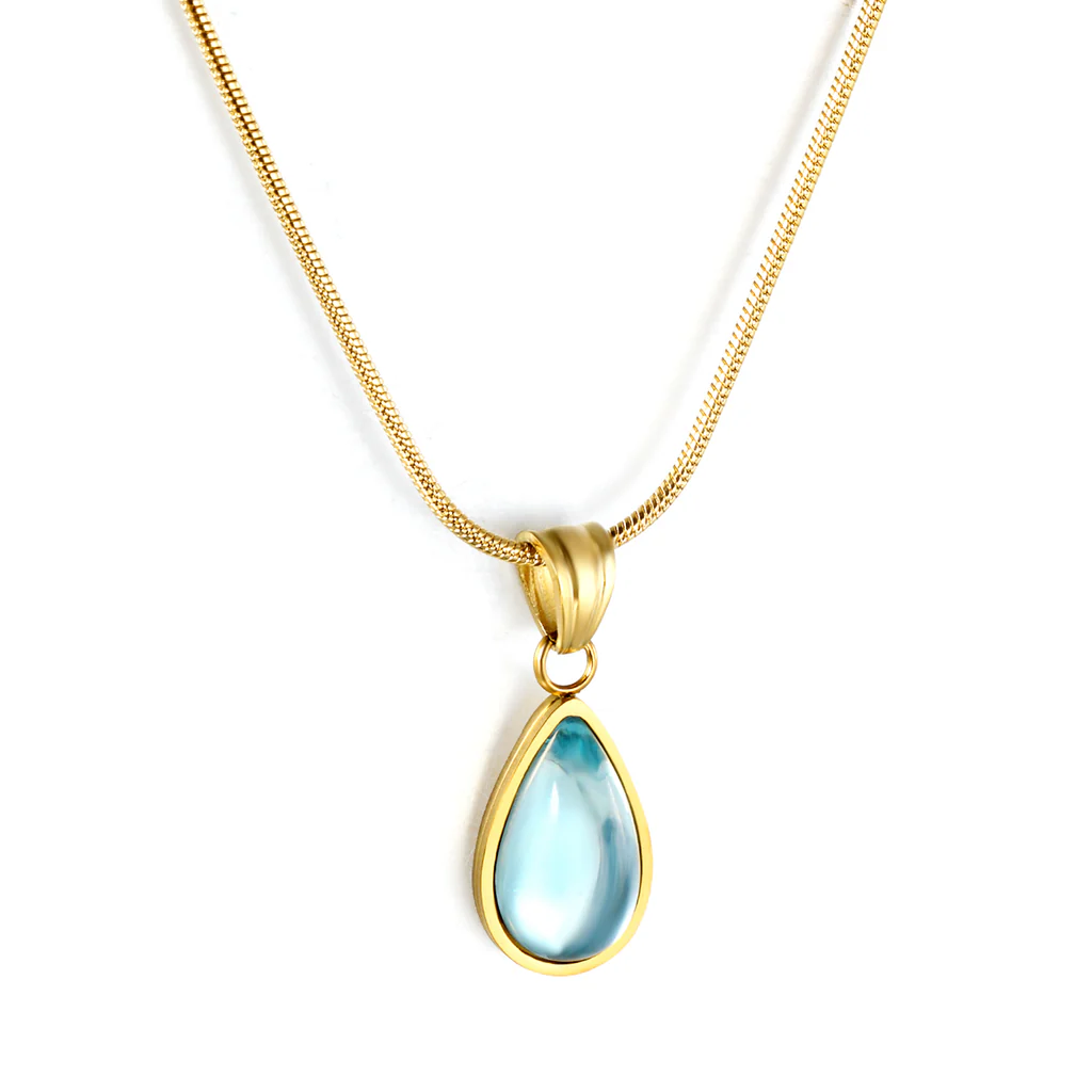 Tresoli Stainless Steel Gold Color PVD Blue Diamond Drop Pendant With Round Tail Plague Necklace