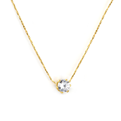 Tresoli Stainless Steel Gold Color PVD Six Claws Round White Diamond Pendant With Round Tail Plague Necklace