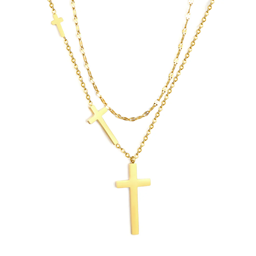 Stelluxe Stainless Steel Gold Color PVD Cross Pendant Lip Double Chain Necklace
