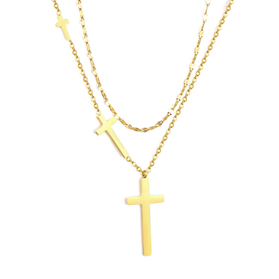Tresoli Stainless Steel Gold Color PVD Cross Pendant Lip Double Chain Necklace